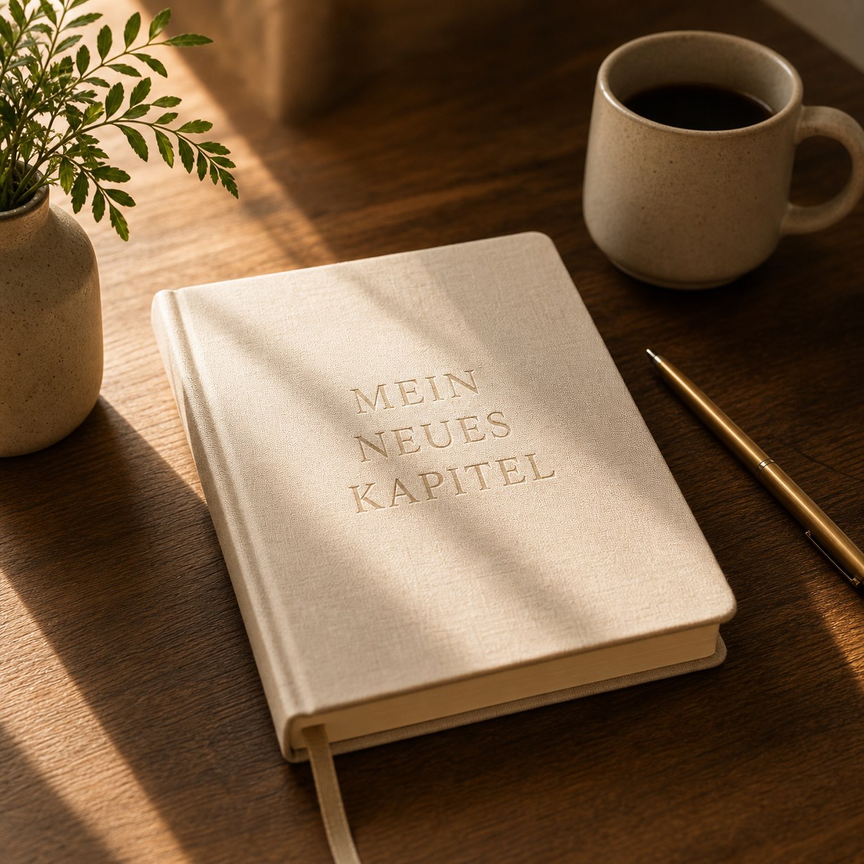 Notizbuch mit der Aufschrift Mein neues Kapitel neben einer Tasse Kaffee